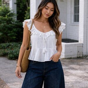 Shabby Chic White Ruffle Tie-Front Peplum Top size L